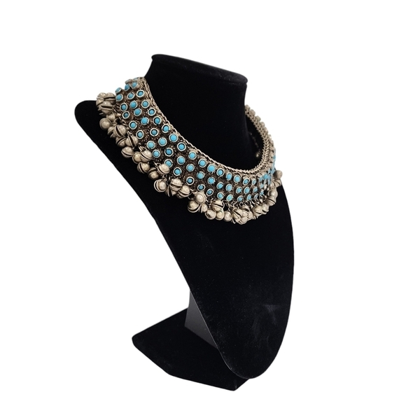 Rare Indian Antique Slivertone and Turquoise Necklace and Bracelet from 1950s - Picture 5 of 16